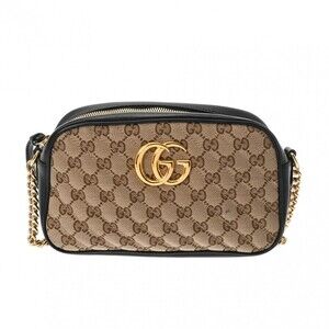 Gucci GG Marmont Quilted Shoulder Bag Beige Black Calfskin Canvas